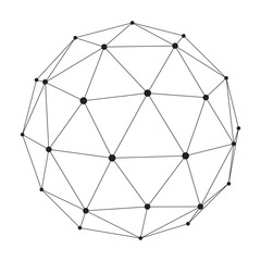 Abstract Transparent Wireframe Triangulated Sphere. Low Poly Spherical Object with Black Connected Lines and Dots. Cybernetic Shape with Grid and Transparent Lines