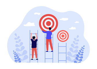 People climbing on success ladder to goal target. Leader man reaching target flat vector illustration. Successful career, leadership, achievement concept for banner, website design or landing web page