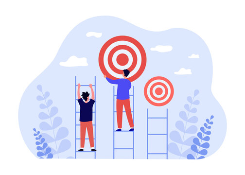 People Climbing On Success Ladder To Goal Target. Leader Man Reaching Target Flat Vector Illustration. Successful Career, Leadership, Achievement Concept For Banner, Website Design Or Landing Web Page