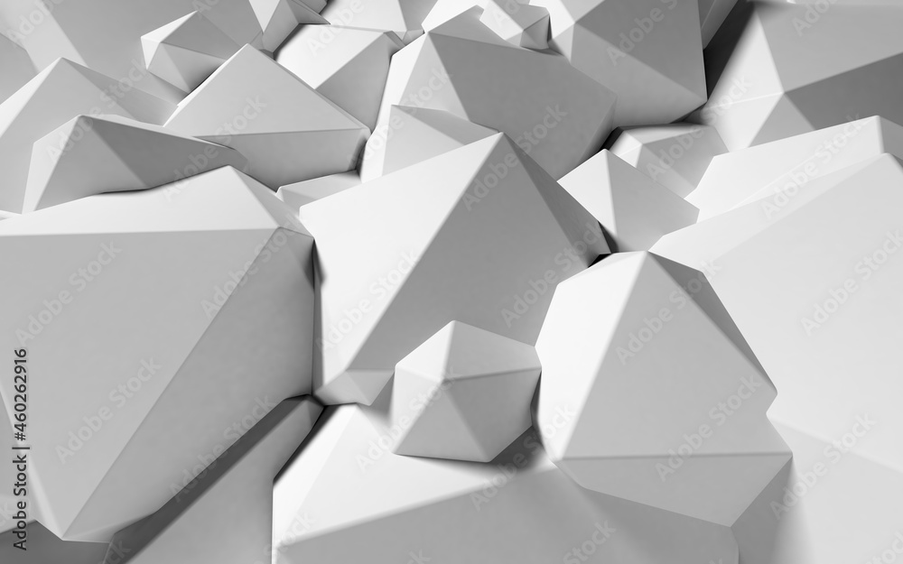 Poster Abstract background with white 3D shapes flying in the light as a messy array or chaotic structure for any pastel backdrop. 3D illustration