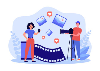 Photographer shooting photo content for social media. Girl model posing for man with camera on tripod flat vector illustration. Photo session concept for banner, website design or landing web page