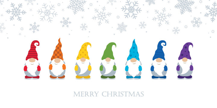 christmas greeting card with cute christmas dwarf in rainbow colours