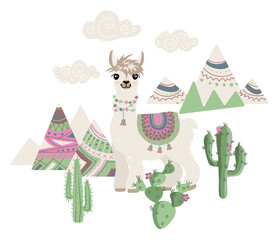 Lama, alpaca with cacti - print for a mug, sticker, t shirt. No drama llama.