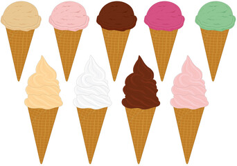 Ice cream and soft ice cream different tastes and colors collection vector illustration