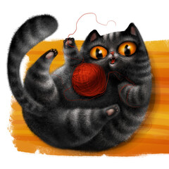 Black cat playing with Ball of wool. Cartoon character. Digital illustration