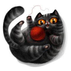 Black cat playing with Ball of wool. Cartoon character. Digital illustration