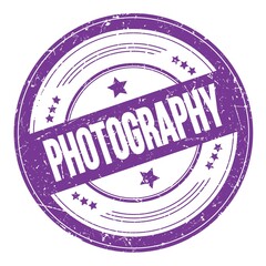 PHOTOGRAPHY text on violet indigo round grungy stamp.