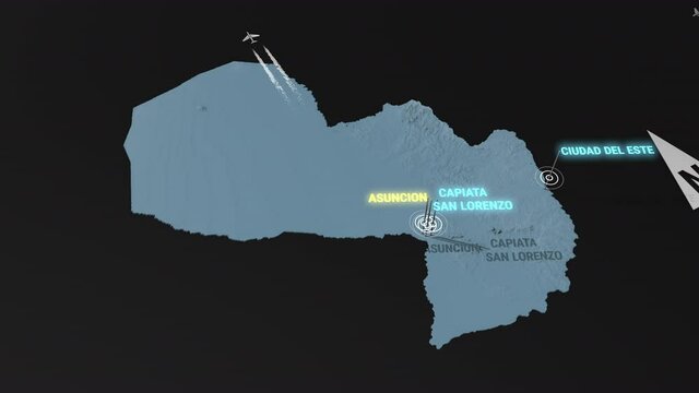 Seamless looping animation of the 3d terrain map at nighttime of Paraguay with the capital and the biggest cites in 4K resolution