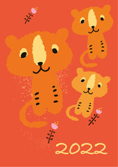 Happy New Year 2022. Three Cute Tiger and 2022. Vector illustration