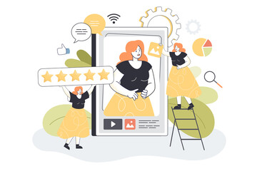 Marketing PR team building personal brand for customer woman. Tiny people working on digital content, management, online reputation for blogger. Self identity of brand, presence, awareness concept