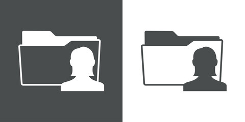 Icono información de usuario. Silueta de carpeta con mujer en fondo gris y fondo blanco