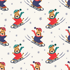 Seamless vector pattern with tiger sledding. Cute illustration for wrapping paper or backgrounds.