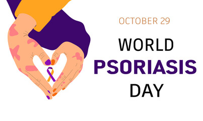 World Psoriasis Day in October 29th. Hands making heart shape holding awareness ribbon- orange and purple.  