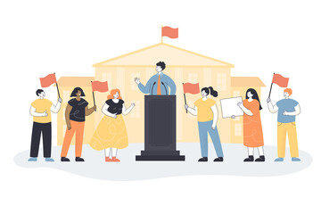 Minister speaking on meeting with audience of voters people. Public speech of speaker politician on podium at government building flat vector illustration. Politics, freedom and democracy concept