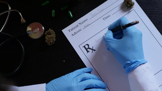 Doctor writing prescription for medical marijuana. CBD oil capsules. Alternative medicine 4k video