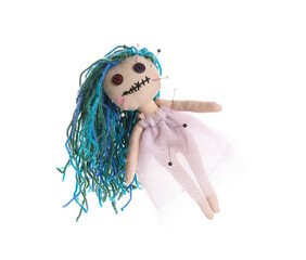 Woman stabbing voodoo doll with pin on white background, closeup. Curse ceremony