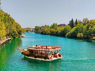 Naklejka premium Turkey, Manavgat river, boat, travel, day, summer, excursion, horizon