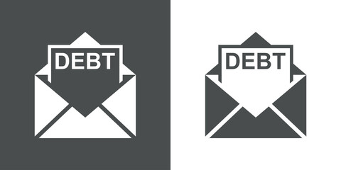 Icono con texto Debt en silueta de hoja de papel en sobre abierto en fondo gris y fondo blanco