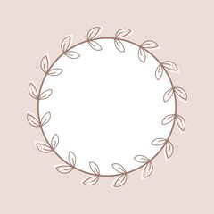 Circle with leaves. Simple floral round wreath. Decorative design element. Doodle frame. Border for logo, invitation, greeting card, quote, wedding. Illustration isolated on pink pastel background