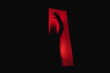 A blurred silhouette in the dark behind the glass.