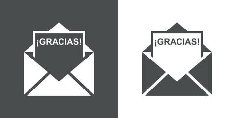 Icono con texto Gracias en español en silueta de hoja de papel en sobre abierto en fondo gris y fondo blanco