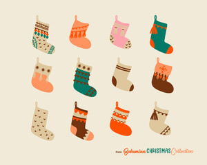 Christmas stockings in boho chic rustic style. Hanging Christmas socks isolated. Great for Christmas cards, posters, stickers, wall art. Hand drawn in flat cartoon simple style. Tradiitional symbol.