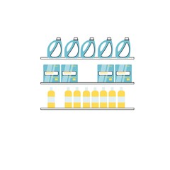 Vector flat cartoon shop window shelves with different cleaning products isolated on empty background-household chemicals store interior elements concept,web site banner ad design
