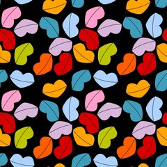 Seamless pattern with coloured rainbow lips on black background 