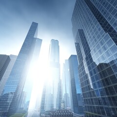 Fototapeta na wymiar Skyscrapers, high-rise buildings in the rays of the sun, 3D rendering