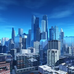 Beautiful modern city with skyscrapers, skyscrapers and blue sky, 3d rendering