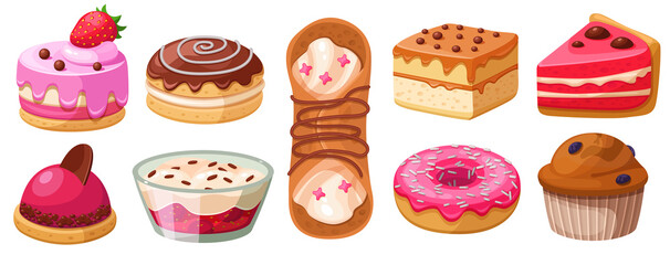 A set of different sweets.Cake, donut, muffin, piece of cake, whipped cream Cartoon illustration. Isolated on a white background