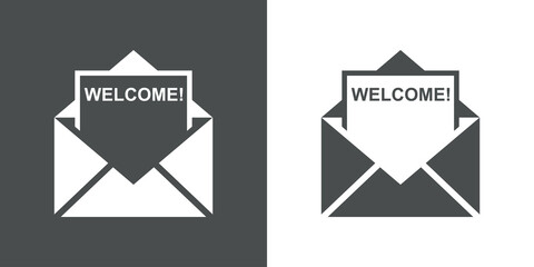 Icono con texto Welcome en silueta de hoja de papel en sobre abierto en fondo gris y fondo blanco