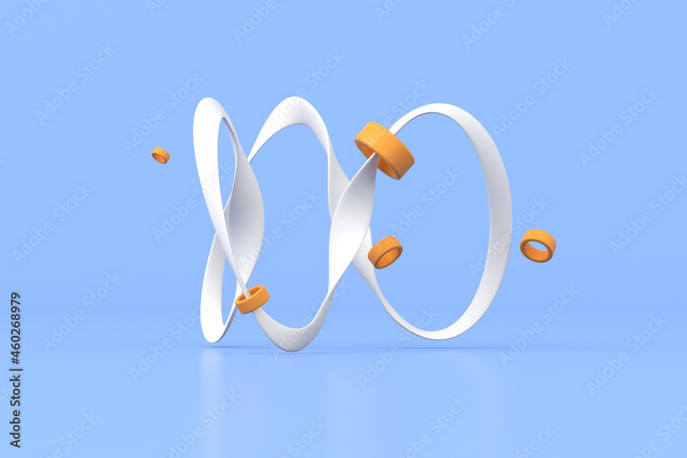 Poster illustration of abstract 3d rendering, knot shape with orange ring.