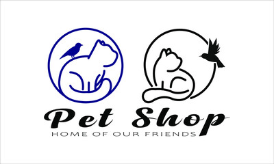 pets shop logo design, illustration vector graphic of cat, dog, bird, and rabit perfect for everyone, onlyn shop and company