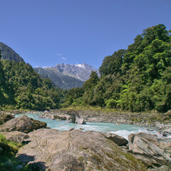 Running river of turquoise water through rocks, thick green forest against a background of snowy mountain peak on a blue-sky day, Copland Track, South Island, New Zealand