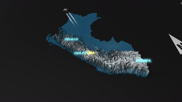 Seamless looping animation of the 3d terrain map at nighttime of Peru with the capital and the biggest cites in 4K resolution