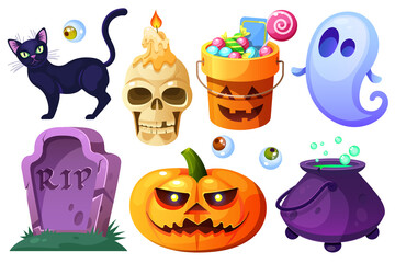 Halloween set with a black cat, cauldron, pumpkin bucket with sweets, ghost, old gravestone, pumpkin lantern, eyes,a skull with a candle. Vector cartoon isolated on white background