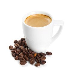Cup of tasty espresso and scattered coffee beans on white background