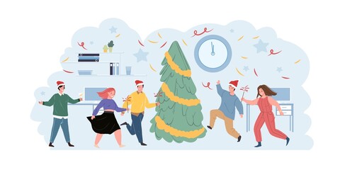 Diverse office people character celebrating Christmas and Happy New Year winter holidays dancing around decorated xmas fir tree vector