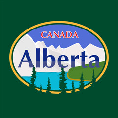 Canada - Alberta - vector illustration concept in vintage graphic style for t-shirts and other print production. Mountains, lake, forest vector illustration. Design elements.