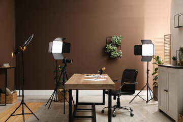 Modern blogger's workplace with professional equipment in room