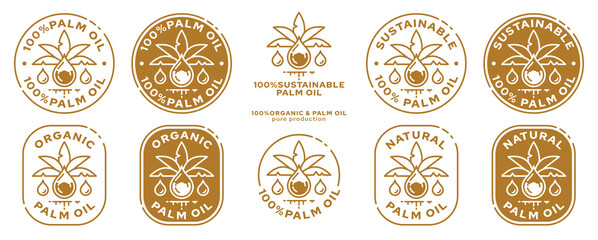 Concept for product packaging. The label is natural organic palm oil. Oil drop icon with palm and liquid ingredient line. Vector set.