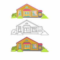 Hand drawn cottage houses in cute cartoon style. Colorful modern townhouse building sketch. Old houses, City buildings, Doodle decorative elements collection. Creative vector illustration.

