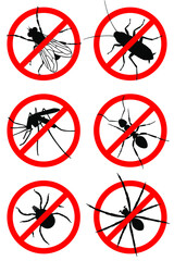 Insects prohibited icons set. Symbols set: mosquitoes, flies, cockroaches, ants, mites, spiders. Pest control signs isolated on white background. Vector illustration