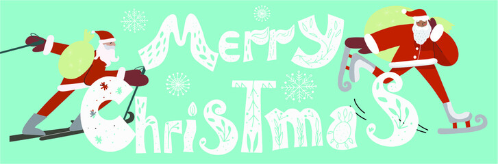 Christmas banner with with the inscription Merry Christmas and two Santas
