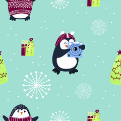 Seamless pattern with a penguin on a blue background.