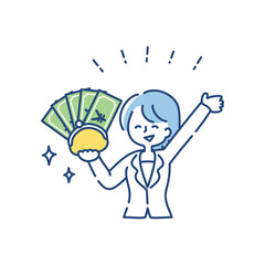 お金がたくさん入った財布を持つ女性のイラスト（日本円）