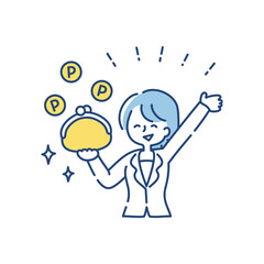 ポイントがたくさん入った財布を持つ女性のイラスト