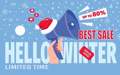 Best sale up to 80 percent off due to Christmas holidays. Limited time discount special offer promotion banner for social network with female hand holding megaphone