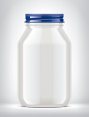 Glass Jar with Dairy Foods on Background. 